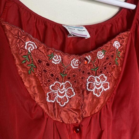 Kelly Reed Nylon Vintage Pajama Lounge Top Blouse Red Embroidered Large - Picture 5 of 12